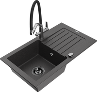 Mexen Pablo granite kitchen sink 1-bowl with drainer and kitchen faucet Duo, black speckled - 6510-76-671701-07-B