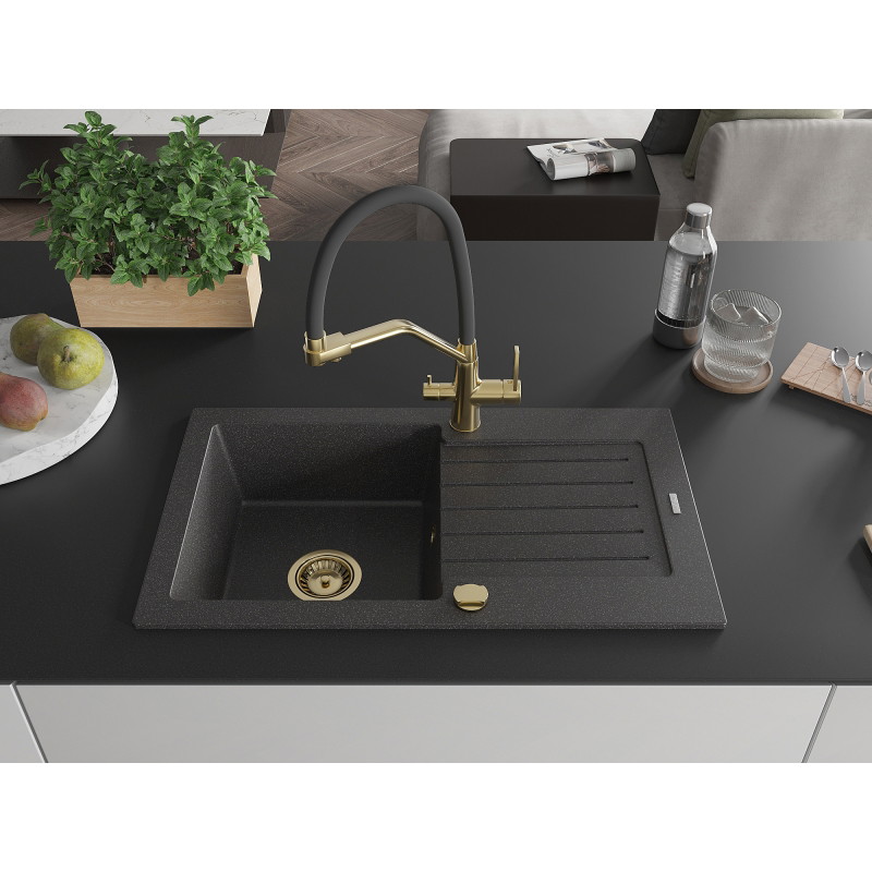 Mexen Pablo 1-bowl granite sink with drainer and Duo kitchen faucet, speckled black - 6510-76-671701-57-G