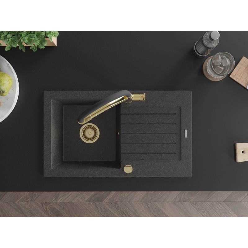 Mexen Pablo granite sink 1-bowl with drainer and Duo kitchen faucet, black speckled - 6510-76-671701-57-G