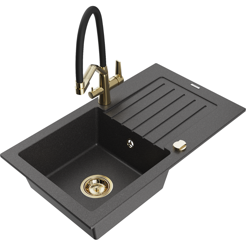 Mexen Pablo 1-compartment granite sink with a drip tray and kitchen mixer tap Duo, Spotted black - 6510-76-671701-57-G