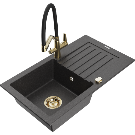 Mexen Pablo 1-bowl granite sink with drainer and Duo kitchen faucet, speckled black - 6510-76-671701-57-G