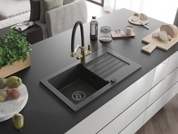 Mexen Pablo granite kitchen sink with 1 compartment, drainer, and Duo kitchen faucet, speckled black - 6510-76-671701-57-B