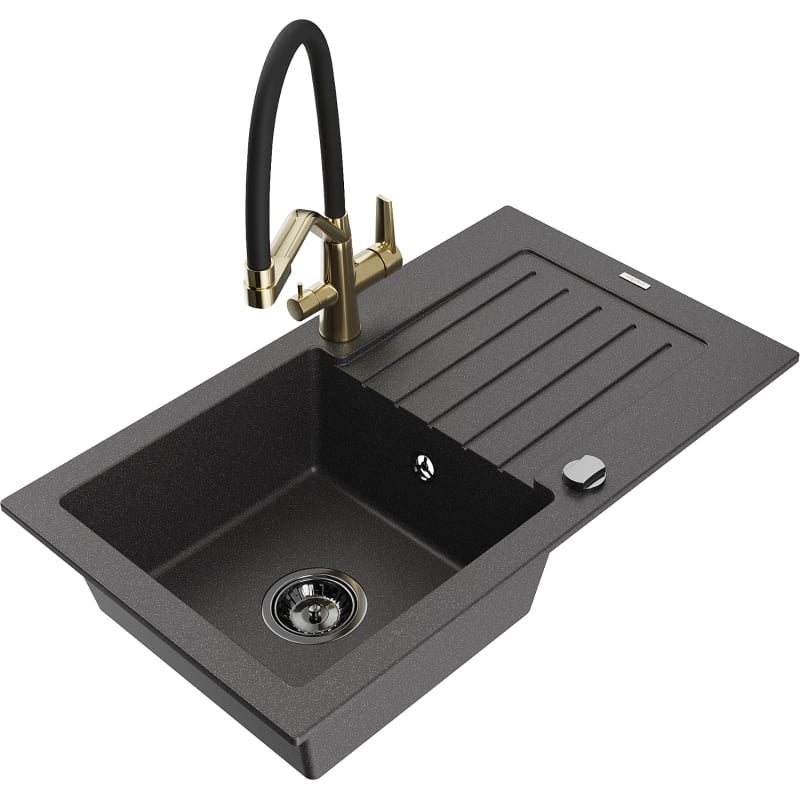 Mexen Pablo granite kitchen sink 1-bowl with drainer and Duo kitchen faucet, speckled black - 6510-76-671701-57-B