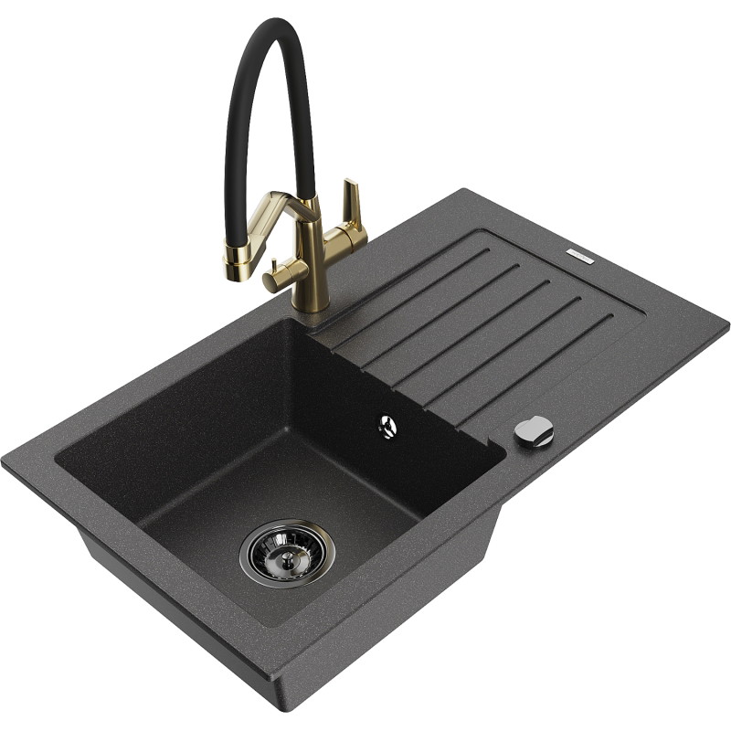 Mexen Pablo granite kitchen sink with 1 compartment, drainer, and Duo kitchen faucet, speckled black - 6510-76-671701-57-B
