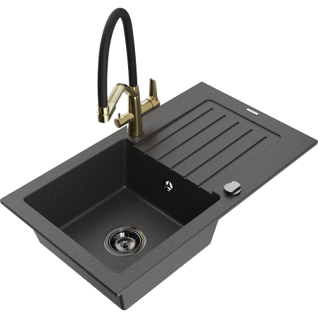 Mexen Pablo granite kitchen sink 1-bowl with drainer and Duo kitchen faucet, speckled black - 6510-76-671701-57-B