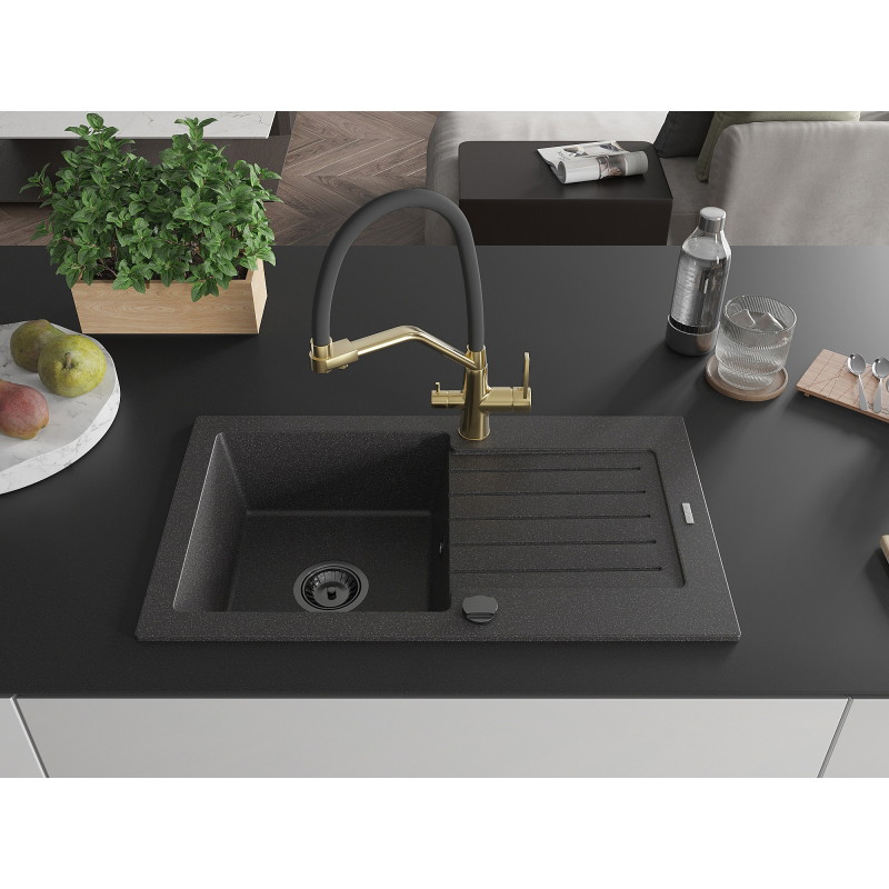 Mexen Pablo granite kitchen sink 1-bowl with drainer and Duo kitchen faucet, speckled black - 6510-76-671701-57-B
