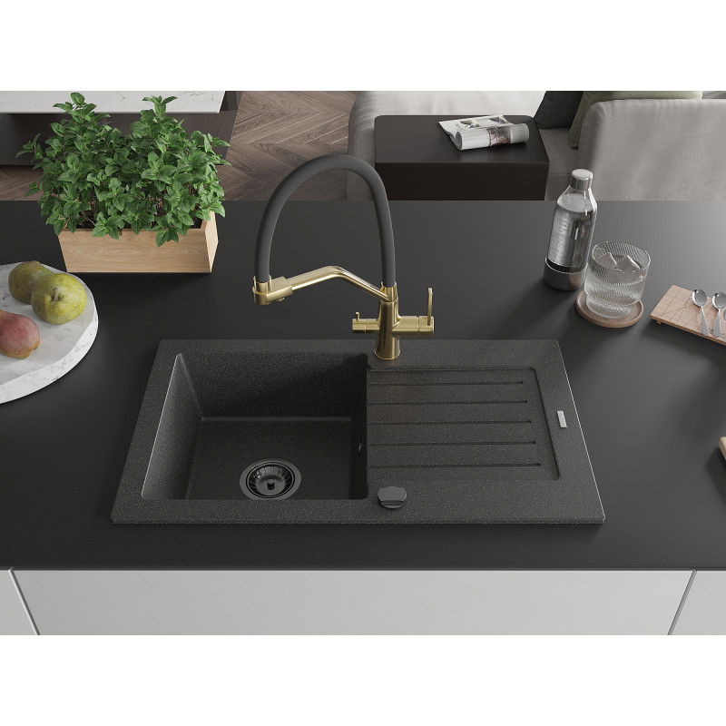 Mexen Pablo granite sink, 1-bowl with drainer and Duo kitchen mixer, black speckled - 6510-76-671701-57-B