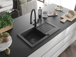 Mexen Pablo granite kitchen sink 1-bowl with drainer and Duo kitchen faucet, black speckled - 6510-76-671701-70-B
