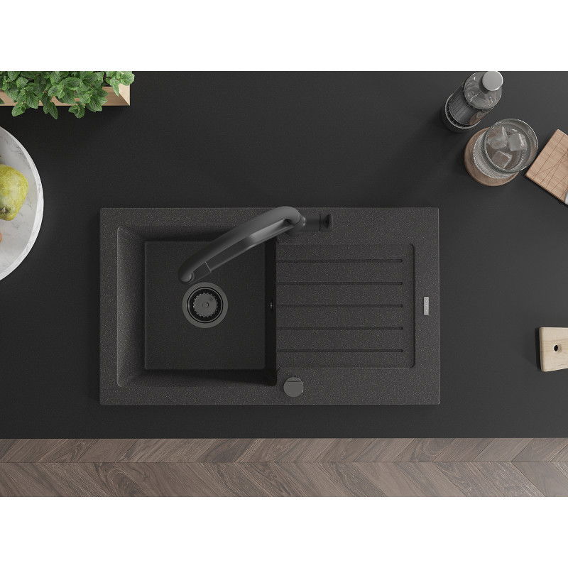 Mexen Pablo 1-bowl granite kitchen sink with drainer and Duo kitchen tap, black speckled - 6510-76-671701-70-B