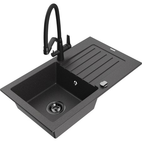 Mexen Pablo 1-bowl granite kitchen sink with drainer and Duo kitchen tap, black speckled - 6510-76-671701-70-B