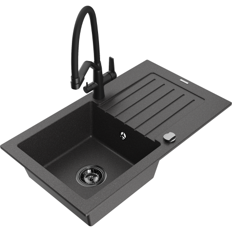 Mexen Pablo granite kitchen sink 1-bowl with drainer and Duo kitchen faucet, black speckled - 6510-76-671701-70-B