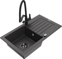 Mexen Pablo 1-bowl granite sink with drainer and Duo kitchen faucet, speckled black - 6510-76-671701-70-B