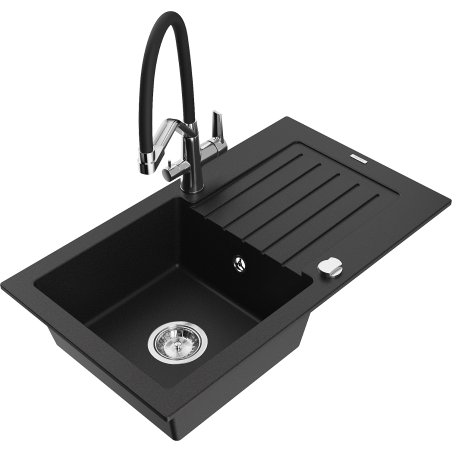 Mexen Pablo 1-bowl granite sink with drainer and Duo kitchen tap, black - 6510-77-671701-07