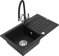 Mexen Pablo 1-compartment granite sink with a drip tray and kitchen mixer tap Duo, Black - 6510-77-671701-07