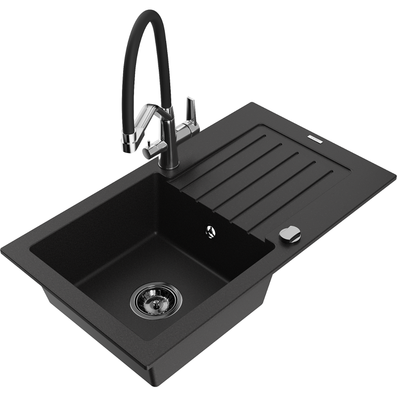 Mexen Pablo 1-bowl granite sink with drainer and Duo kitchen tap, black - 6510-77-671701-07-B