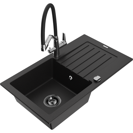 Mexen Pablo granite single-bowl sink with drainer and Duo kitchen faucet, black - 6510-77-671701-07-B