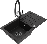 Mexen Pablo 1-compartment granite sink with a drip tray and kitchen mixer tap Duo, Black - 6510-77-671701-07-B