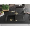 Mexen Pablo granite sink single-bowl with drainer and Duo kitchen faucet, black - 6510-77-671701-57-G