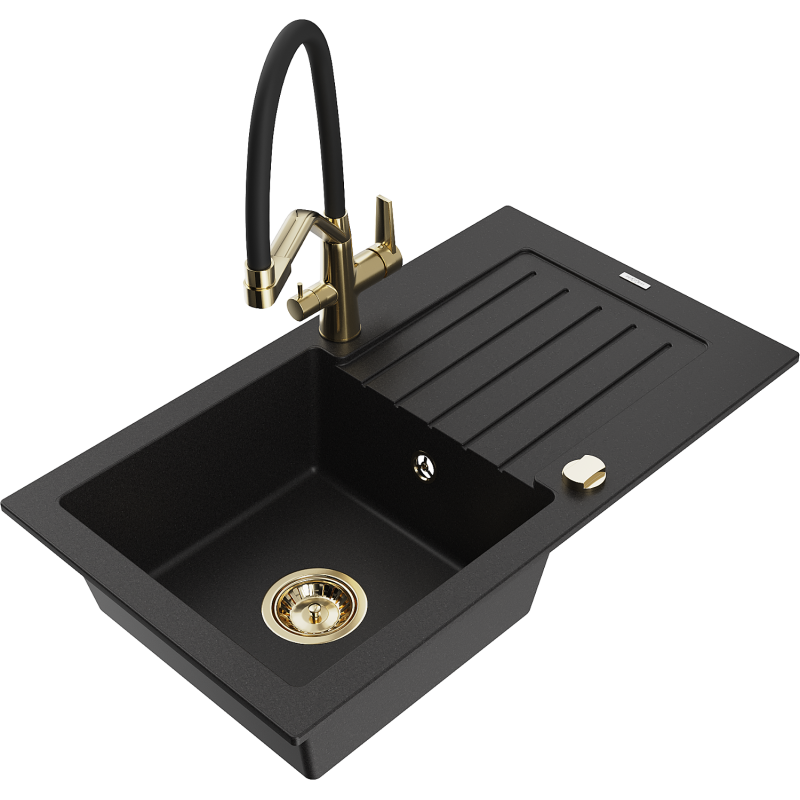 Mexen Pablo 1-compartment granite sink with a drip tray and kitchen mixer tap Duo, Black - 6510-77-671701-57-G