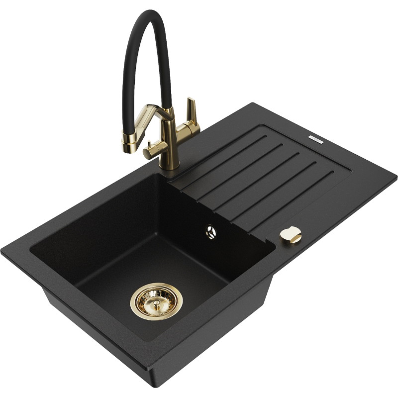 Mexen Pablo single-bowl granite sink with drainer and Duo kitchen faucet, black - 6510-77-671701-57-G