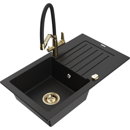 Mexen Pablo granite sink single-bowl with drainer and Duo kitchen faucet, black - 6510-77-671701-57-G