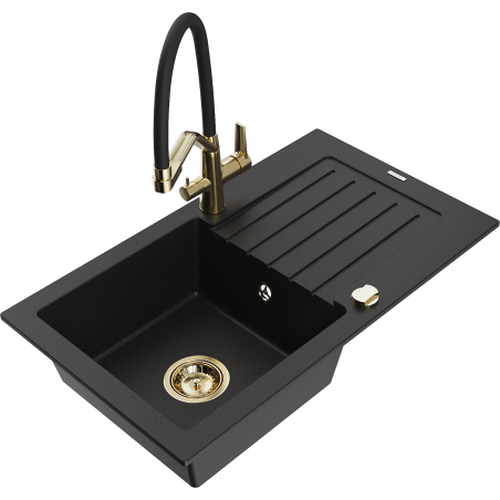 Mexen Pablo single-bowl granite sink with drainer and Duo kitchen faucet, black - 6510-77-671701-57-G