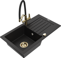 Mexen Pablo 1-bowl granite sink with drainer and Duo kitchen tap, black - 6510-77-671701-57-G