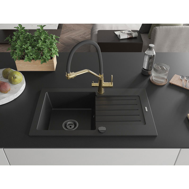 Mexen Pablo granite sink 1-bowl with drainer and Duo kitchen tap, black - 6510-77-671701-57-B