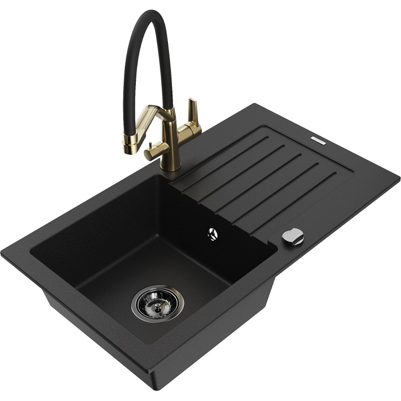 Mexen Pablo granite kitchen sink 1-bowl with drainer and Duo kitchen faucet, black - 6510-77-671701-57-B