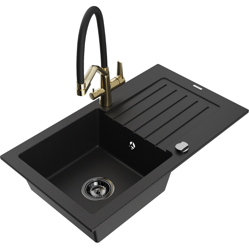 Mexen Pablo granite sink 1-bowl with drainer and Duo kitchen tap, black - 6510-77-671701-57-B