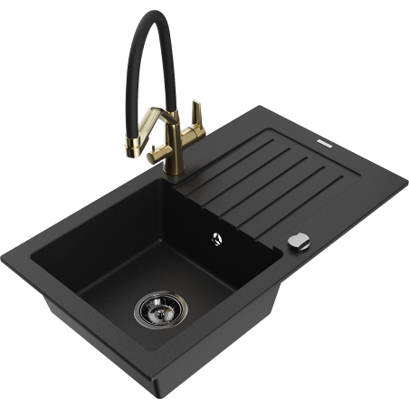 Mexen Pablo granite kitchen sink 1-bowl with drainer and Duo kitchen faucet, black - 6510-77-671701-57-B