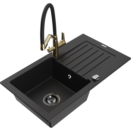 Mexen Pablo granite sink 1-bowl with drainer and Duo kitchen faucet, black - 6510-77-671701-57-B