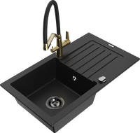 Mexen Pablo granite kitchen sink 1-bowl with drainer and Duo kitchen faucet, black - 6510-77-671701-57-B