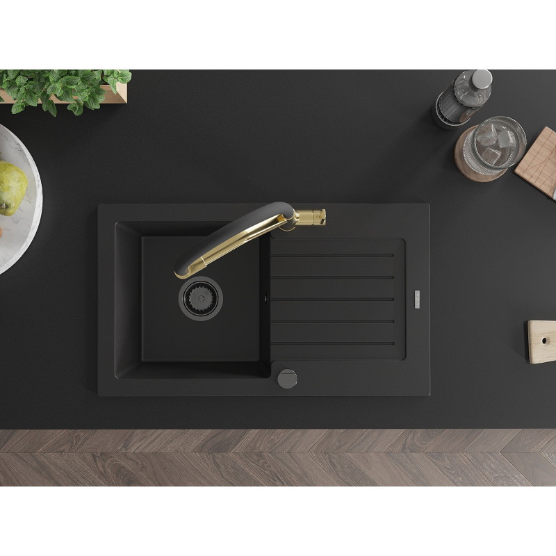 Mexen Pablo granite kitchen sink 1-bowl with drainer and Duo kitchen faucet, black - 6510-77-671701-57-B