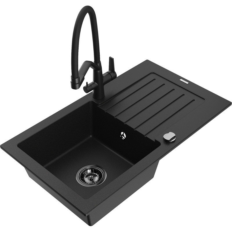 Mexen Pablo 1-Bowl Granite Sink with Drainer and Kitchen Faucet Duo, Black - 6510-77-671701-70-B