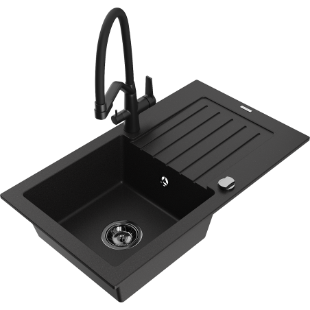 Mexen Pablo 1-Bowl Granite Sink with Drainer and Kitchen Faucet Duo, Black - 6510-77-671701-70-B