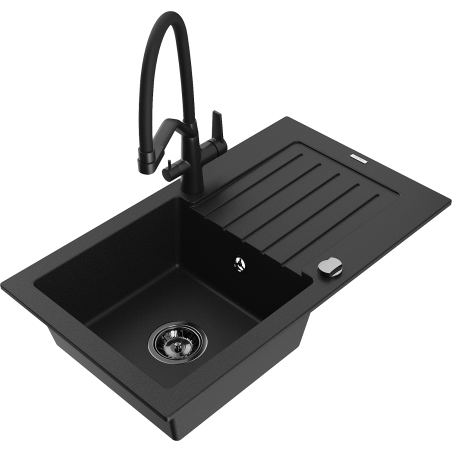 Mexen Pablo granite sink 1-bowl with drainer and kitchen faucet Duo, black - 6510-77-671701-70-B