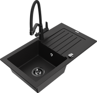 Mexen Pablo granite sink 1-bowl with drainer and kitchen faucet Duo, black - 6510-77-671701-70-B