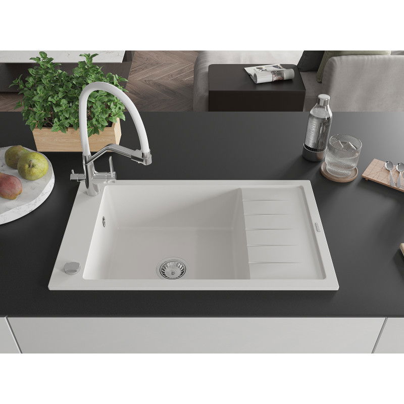 Mexen Elias single-bowl granite sink with drainer and Duo kitchen tap, white - 6511-20-671701-02