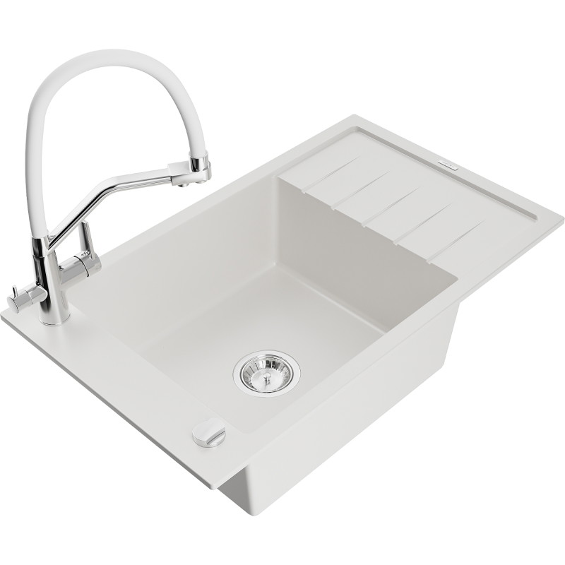 Mexen Elias 1-Bowl Granite Sink with Drainer and Kitchen Faucet Duo, White - 6511-20-671701-02