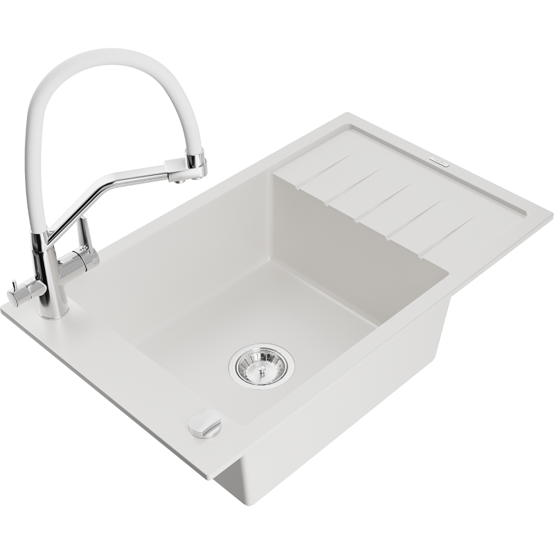 Mexen Elias 1-compartment granite sink with a drip tray and kitchen mixer tap Duo, white - 6511-20-671701-02
