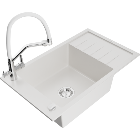 Mexen Elias 1-bowl granite sink with drainer and Duo kitchen faucet, white - 6511-20-671701-02