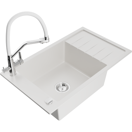 Mexen Elias single-bowl granite sink with drainer and Duo kitchen tap, white - 6511-20-671701-02