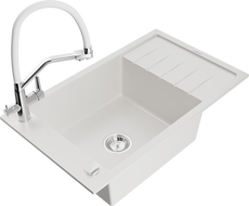 Mexen Elias 1-bowl granite sink with drainer and Duo kitchen faucet, white - 6511-20-671701-02