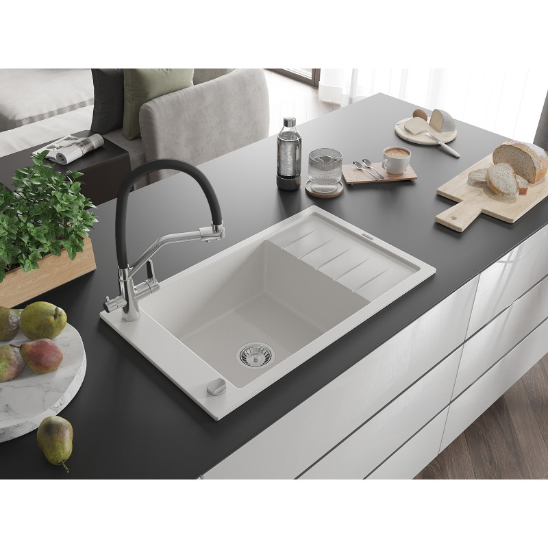 Mexen Elias granite single-bowl sink with drainer and kitchen faucet Duo, white - 6511-20-671701-07