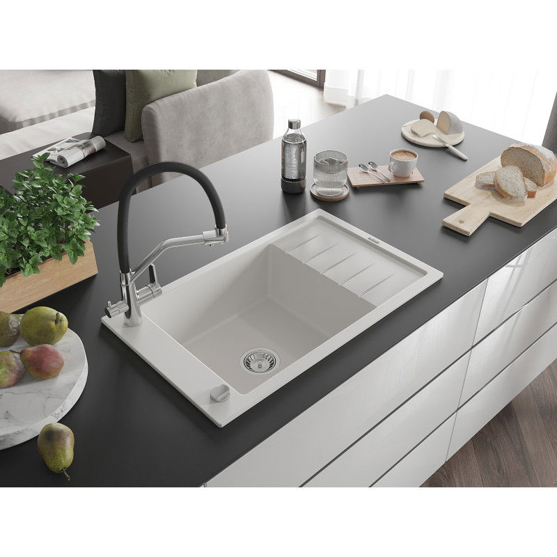 Mexen Elias single-bowl granite sink with drainer and Duo kitchen tap, white - 6511-20-671701-07