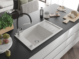 Mexen Elias granite kitchen sink 1-bowl with drainer and Duo kitchen faucet, white - 6511-20-671701-07