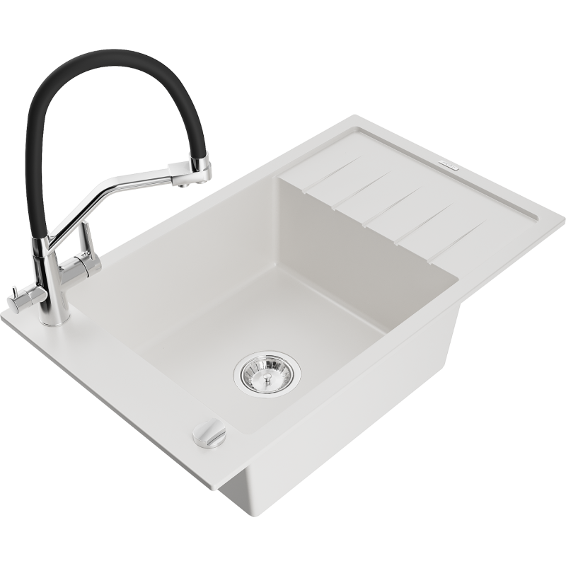 Mexen Elias 1-compartment granite sink with a drip tray and kitchen mixer tap Duo, white - 6511-20-671701-07