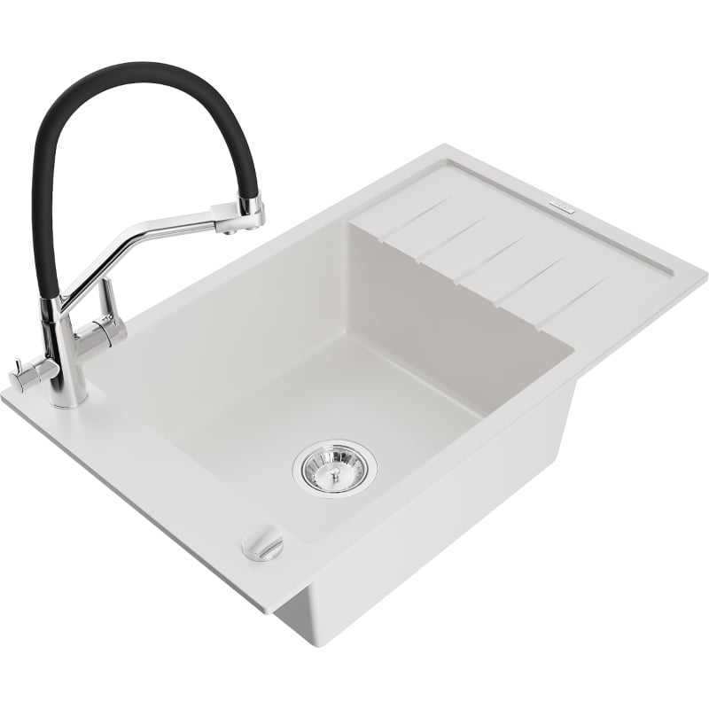 Mexen Elias granite kitchen sink 1-bowl with drainer and Duo kitchen faucet, white - 6511-20-671701-07