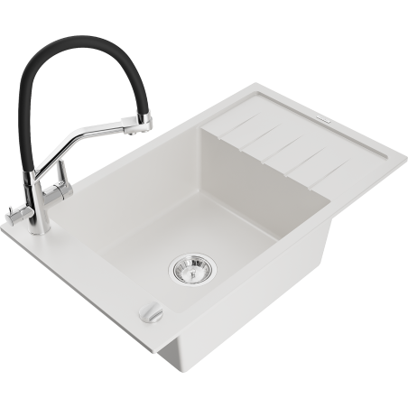 Mexen Elias granite single-bowl sink with drainer and kitchen faucet Duo, white - 6511-20-671701-07